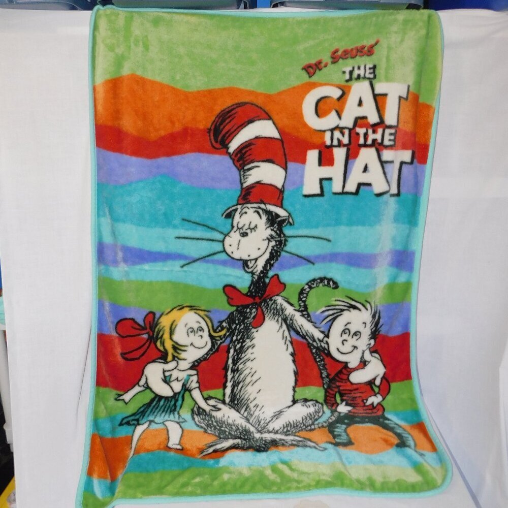 VTG Dr Seuss The Cat in the Hat Movie 2003 Plush Fleece Blanket 43" x 54"